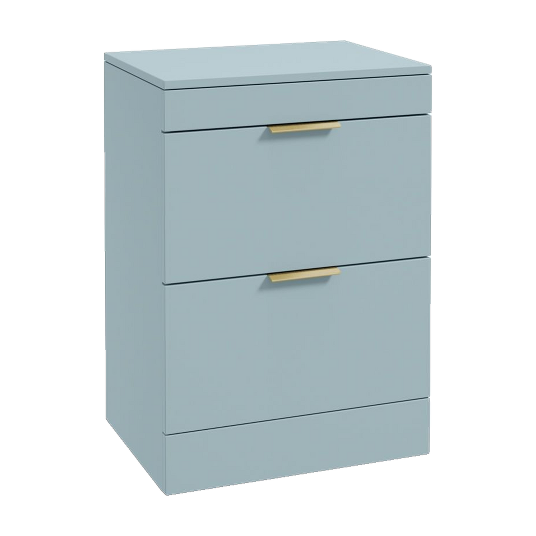SONAS Stockholm 60cm floorstanding two drawer vanity unit in Matt Morning Sky Blue with brushed gold handles