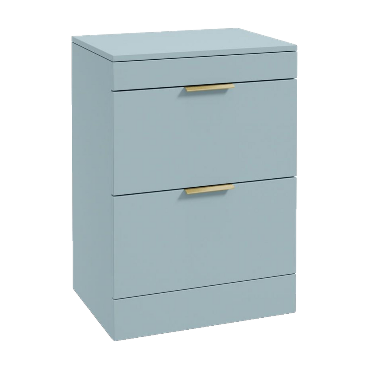 SONAS Stockholm 60cm floorstanding two drawer vanity unit in Matt Morning Sky Blue with brushed gold handles