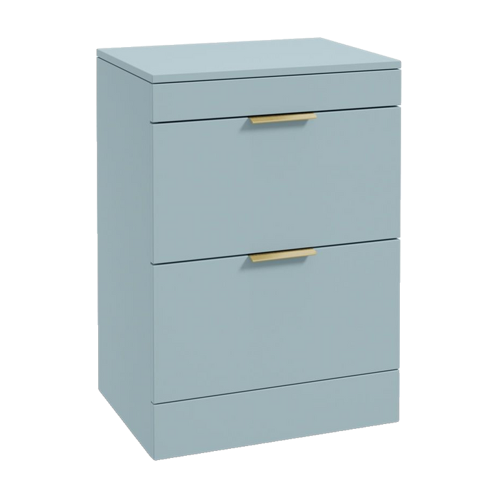 SONAS Stockholm 60cm floorstanding two drawer vanity unit in Matt Morning Sky Blue with brushed gold handles