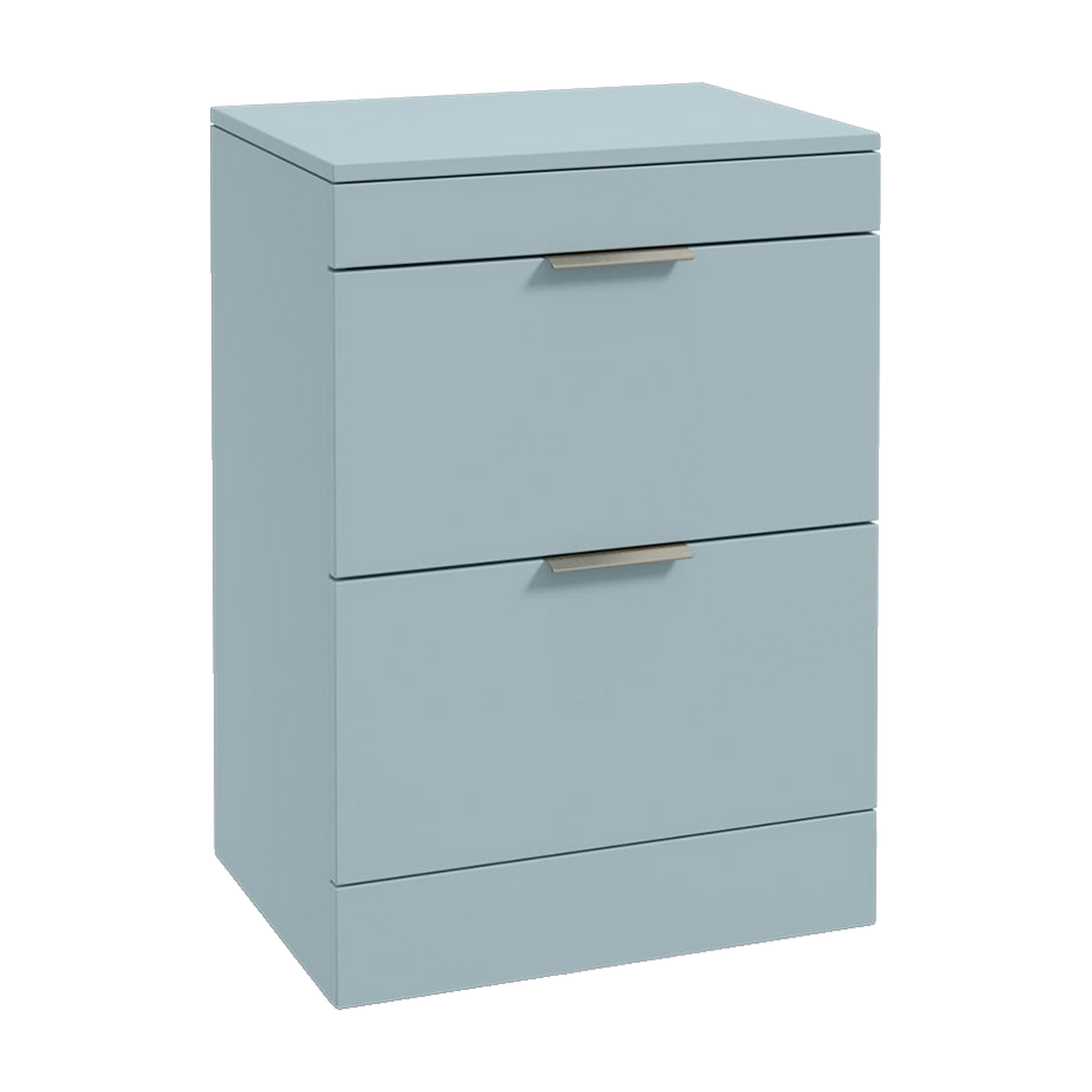 SONAS Stockholm 60cm floorstanding two drawer vanity unit in Matt Morning Sky Blue with brushed nickel handles