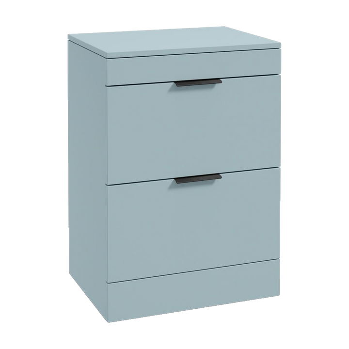 SONAS Stockholm 60cm floorstanding two drawer vanity unit in Matt Morning Sky Blue with matt black handles