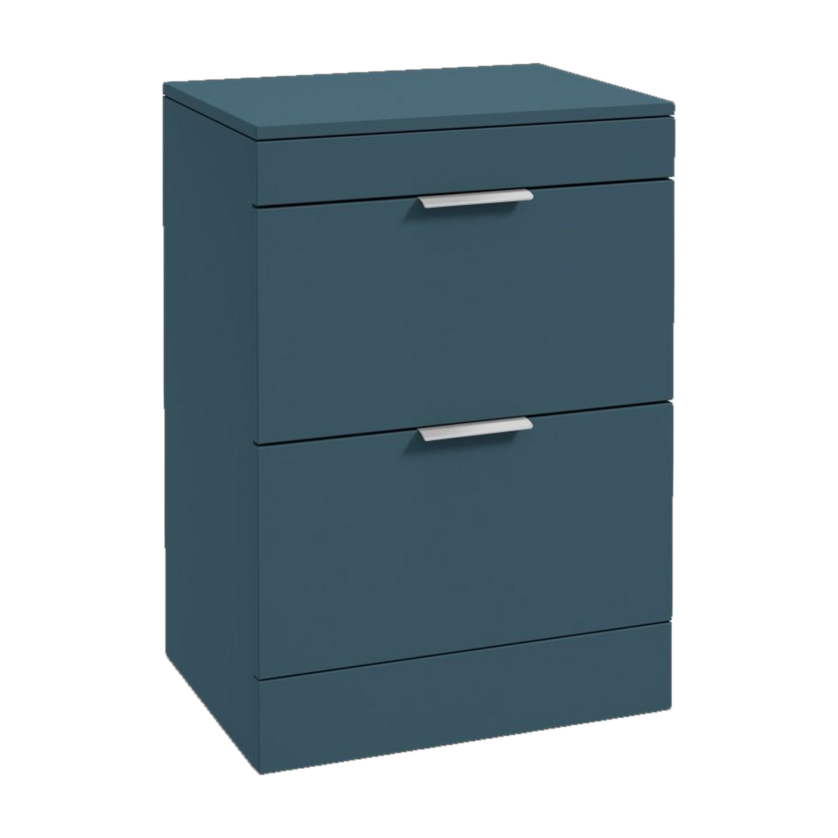 SONAS Stockholm 60cm floorstanding two drawer vanity unit in Matt Ocean Blue with brushed chrome handles