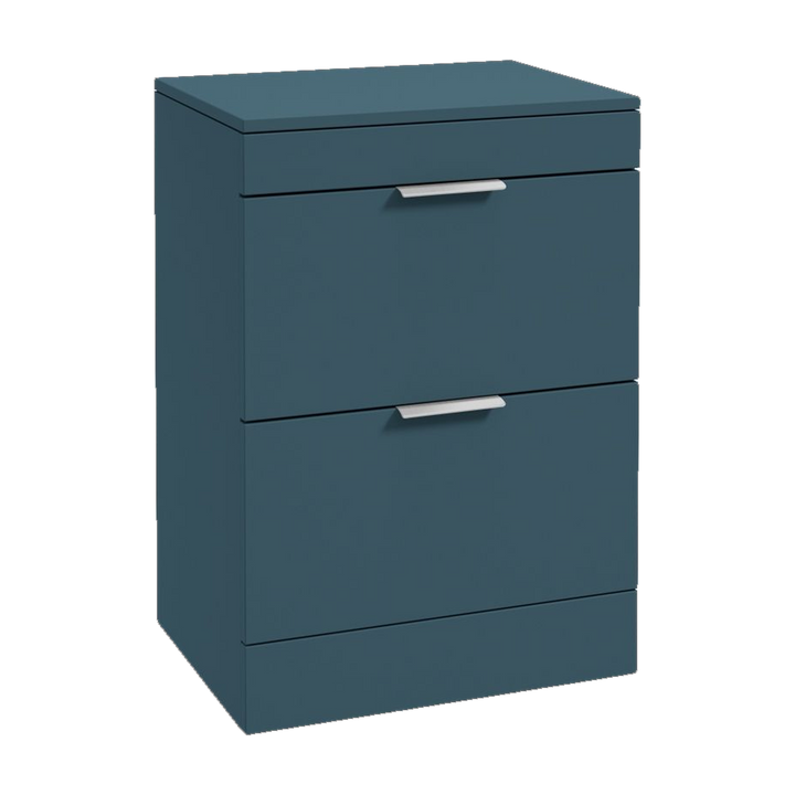 SONAS Stockholm 60cm floorstanding two drawer vanity unit in Matt Ocean Blue with brushed chrome handles