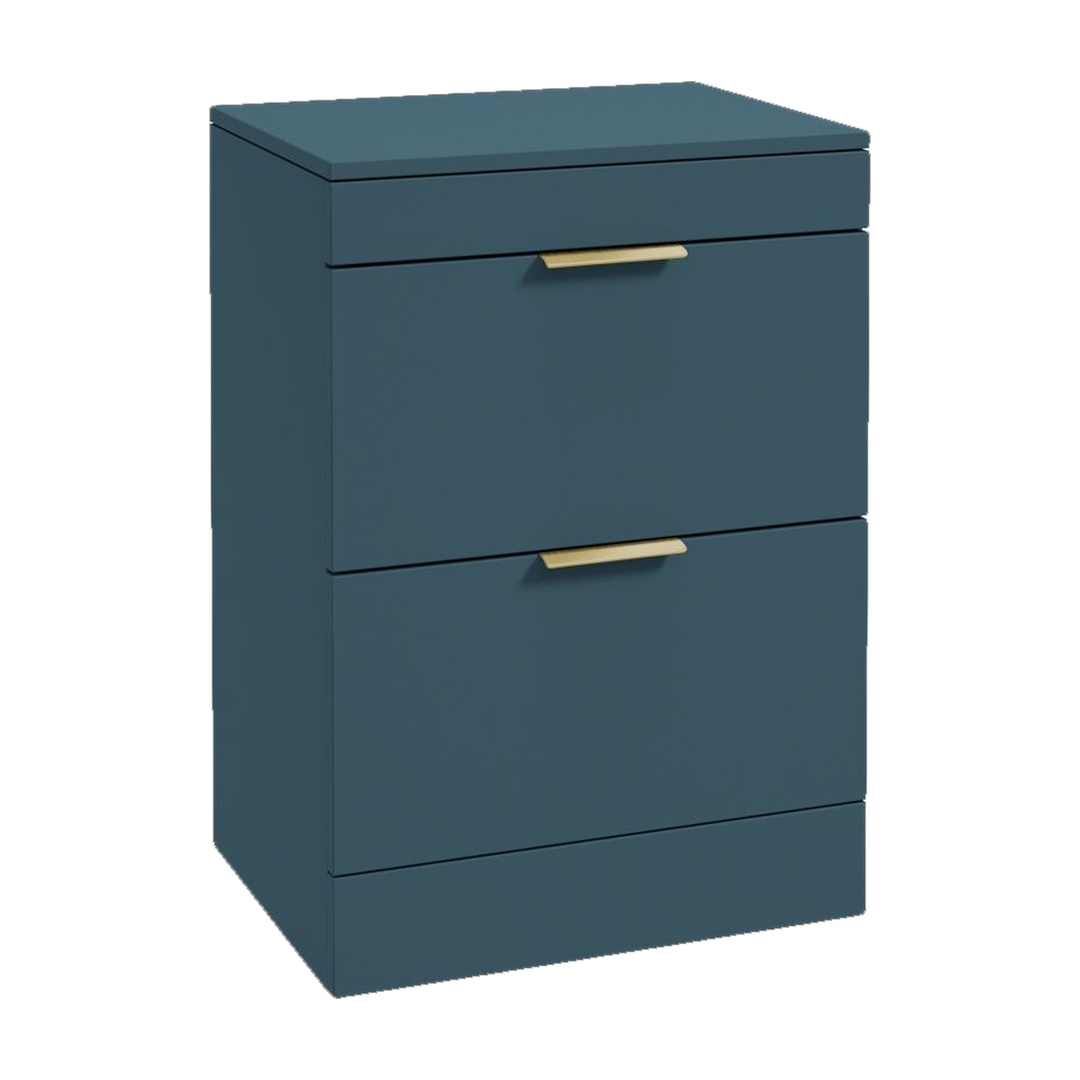 SONAS Stockholm 60cm floorstanding two drawer vanity unit in Matt Ocean Blue with brushed gold handles