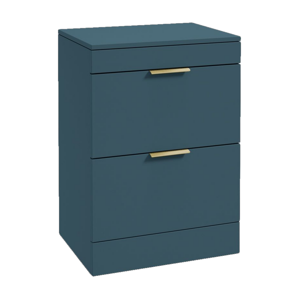 SONAS Stockholm 60cm floorstanding two drawer vanity unit in Matt Ocean Blue with brushed gold handles