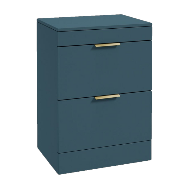 SONAS Stockholm 60cm floorstanding two drawer vanity unit in Matt Ocean Blue with brushed gold handles