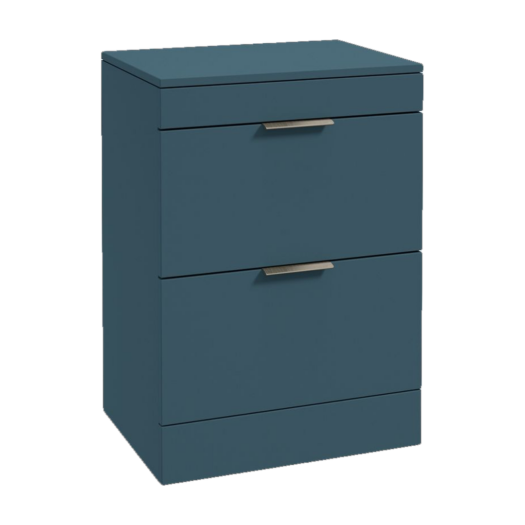 SONAS Stockholm 60cm floorstanding two drawer vanity unit in Matt Ocean Blue with brushed nickel handles