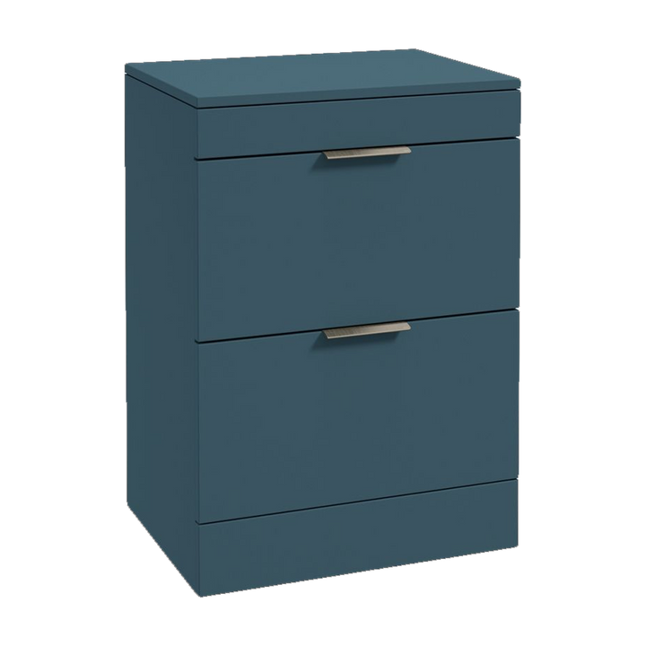 SONAS Stockholm 60cm floorstanding two drawer vanity unit in Matt Ocean Blue with brushed nickel handles