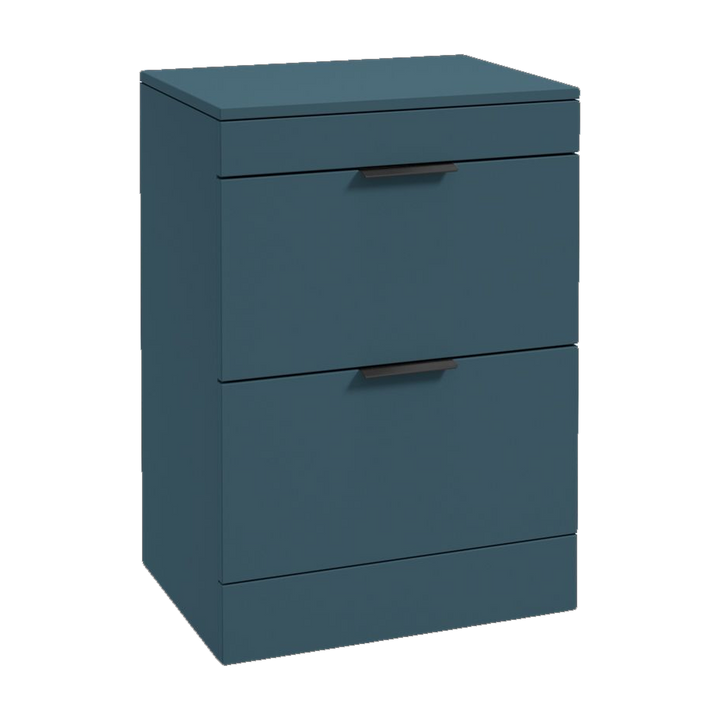 SONAS Stockholm 60cm floorstanding two drawer vanity unit in Matt Ocean Blue with matt black handles