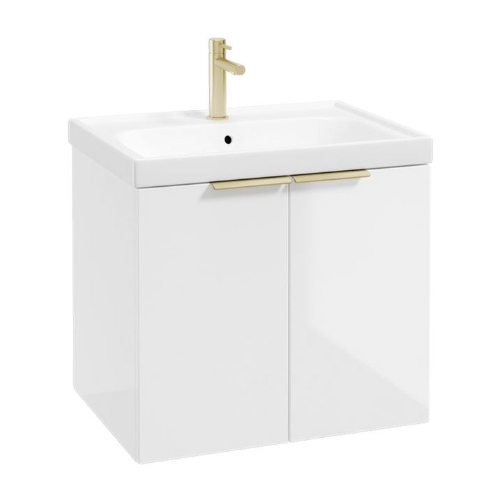 SONAS Stockholm 60cm wall hung two door vanity unit in Gloss White with brushed gold handles