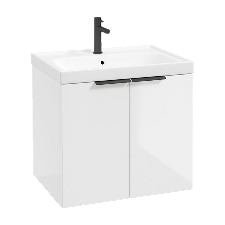 SONAS Stockholm 60cm wall hung two door vanity unit in Gloss White with matt black handles