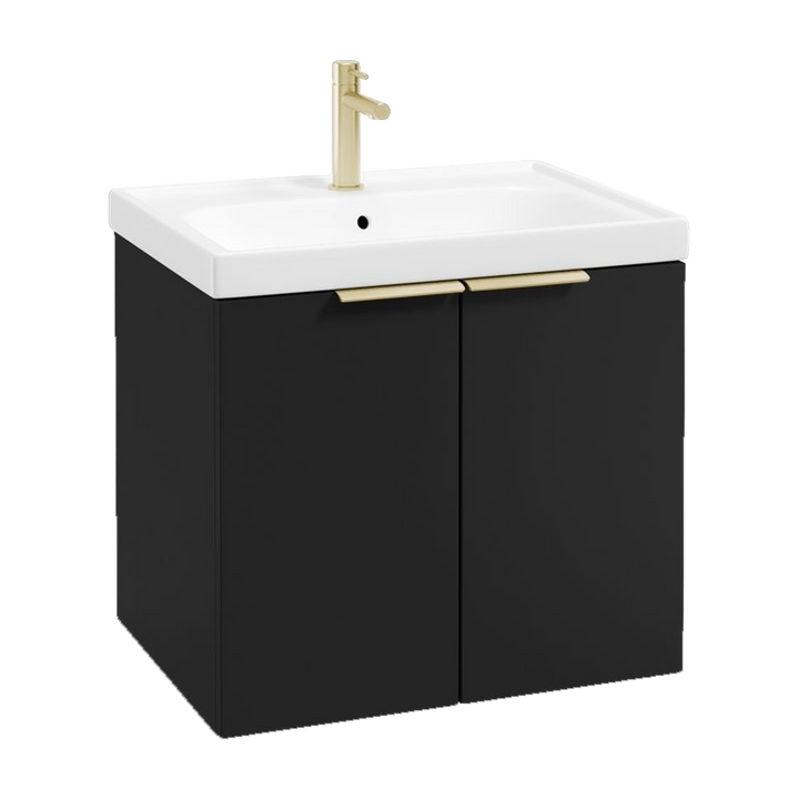 SONAS Stockholm 60cm wall hung two door vanity unit in Matt Black with brushed gold handles