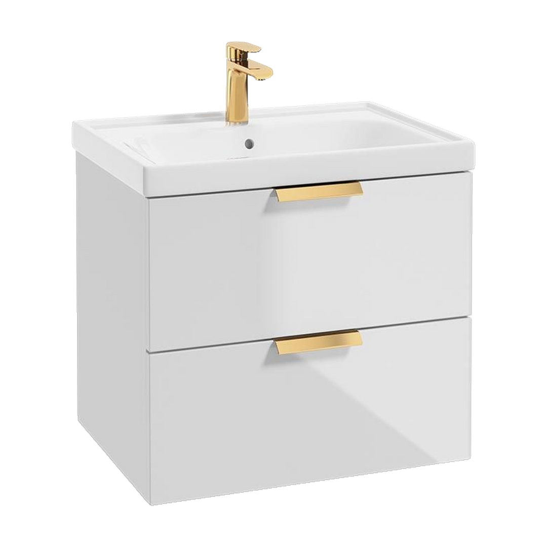 SONAS Stockholm 60cm wall hung two drawer vanity unit in Gloss White with brushed gold handles