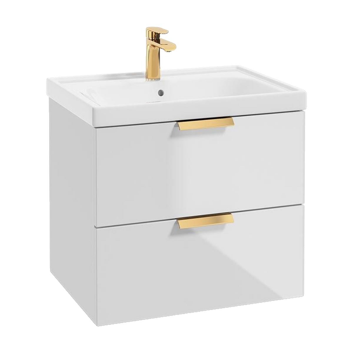 SONAS Stockholm 60cm wall hung two drawer vanity unit in Gloss White with brushed gold handles