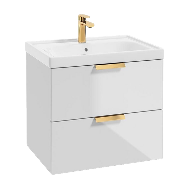 SONAS Stockholm 60cm wall hung two drawer vanity unit in Gloss White with brushed gold handles
