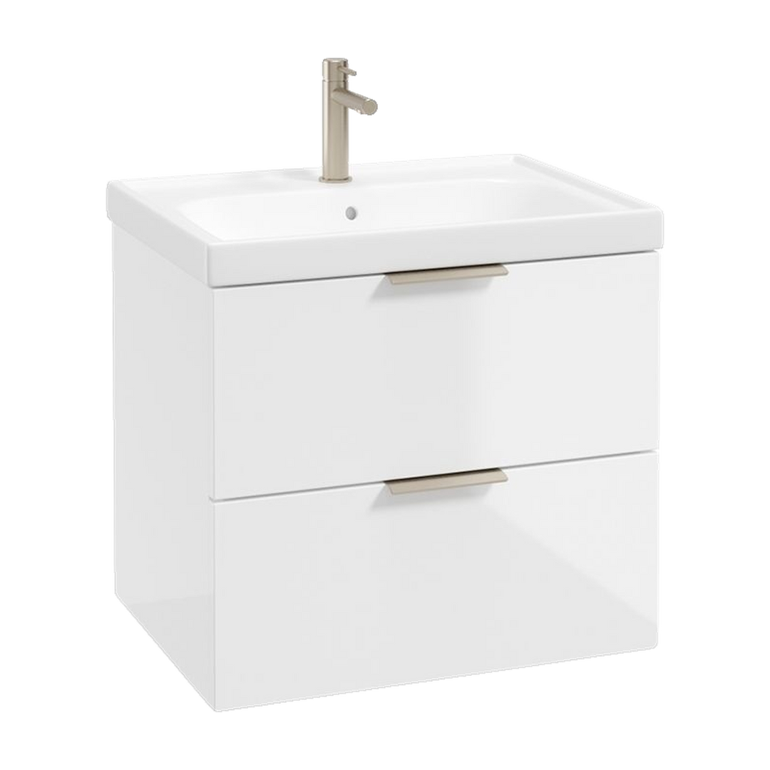 SONAS Stockholm 60cm wall hung two drawer vanity unit in Gloss White with brushed nickel handles