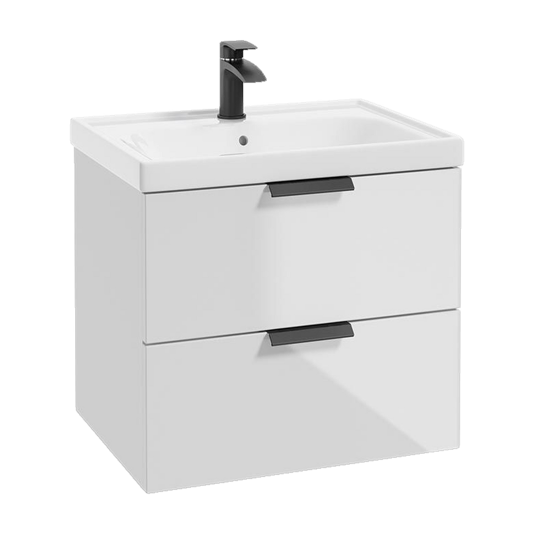 SONAS Stockholm 60cm wall hung two drawer vanity unit in Gloss White with matt black handles