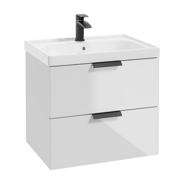 SONAS Stockholm 60cm wall hung two drawer vanity unit in Gloss White with matt black handles