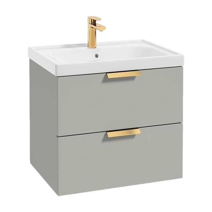 SONAS Stockholm 60cm wall hung two drawer vanity unit in Matt Arctic Grey with brushed gold handles