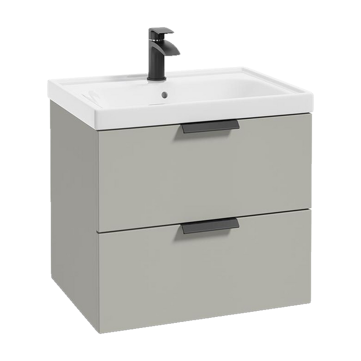 SONAS Stockholm 60cm wall hung two drawer vanity unit in Matt Arctic Grey with matt black handles