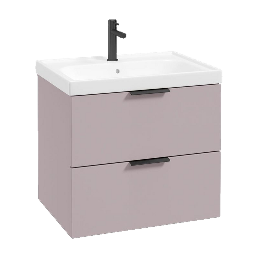 SONAS Stockholm 60cm wall hung two drawer vanity unit in Matt Cashmere Pink with matt black handles