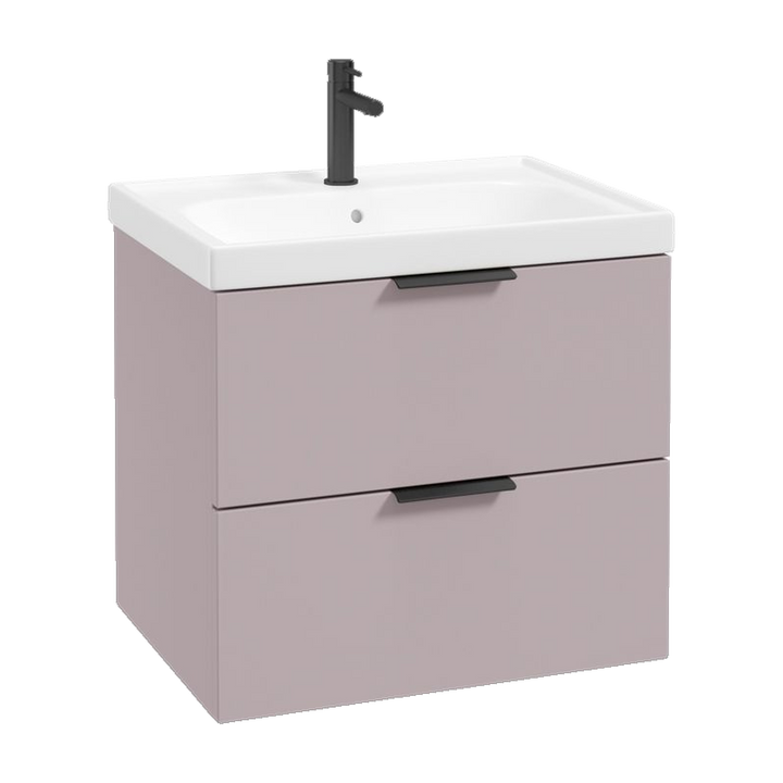 SONAS Stockholm 60cm wall hung two drawer vanity unit in Matt Cashmere Pink with matt black handles