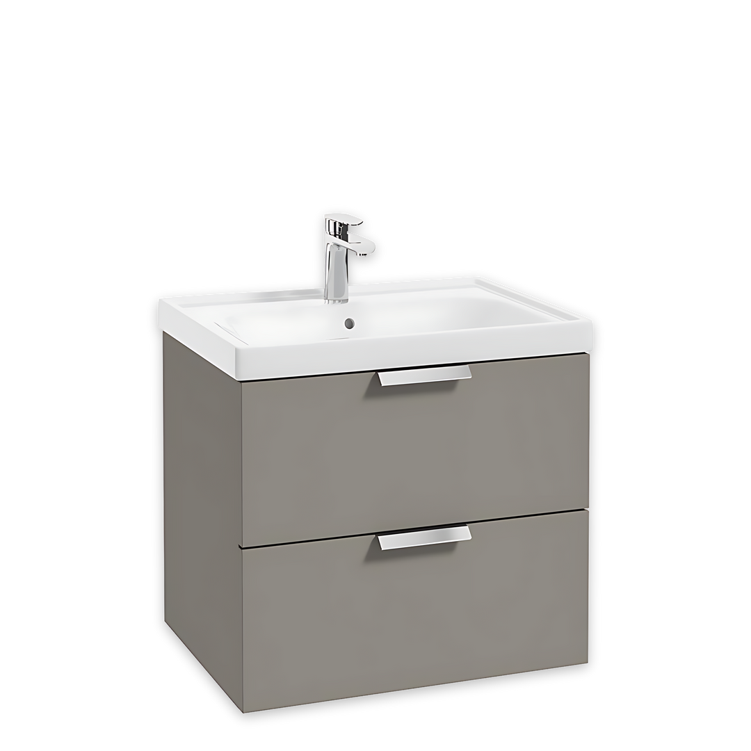 SONAS Stockholm 60cm wall hung two drawer vanity unit in Matt Khaki with brushed chrome handles