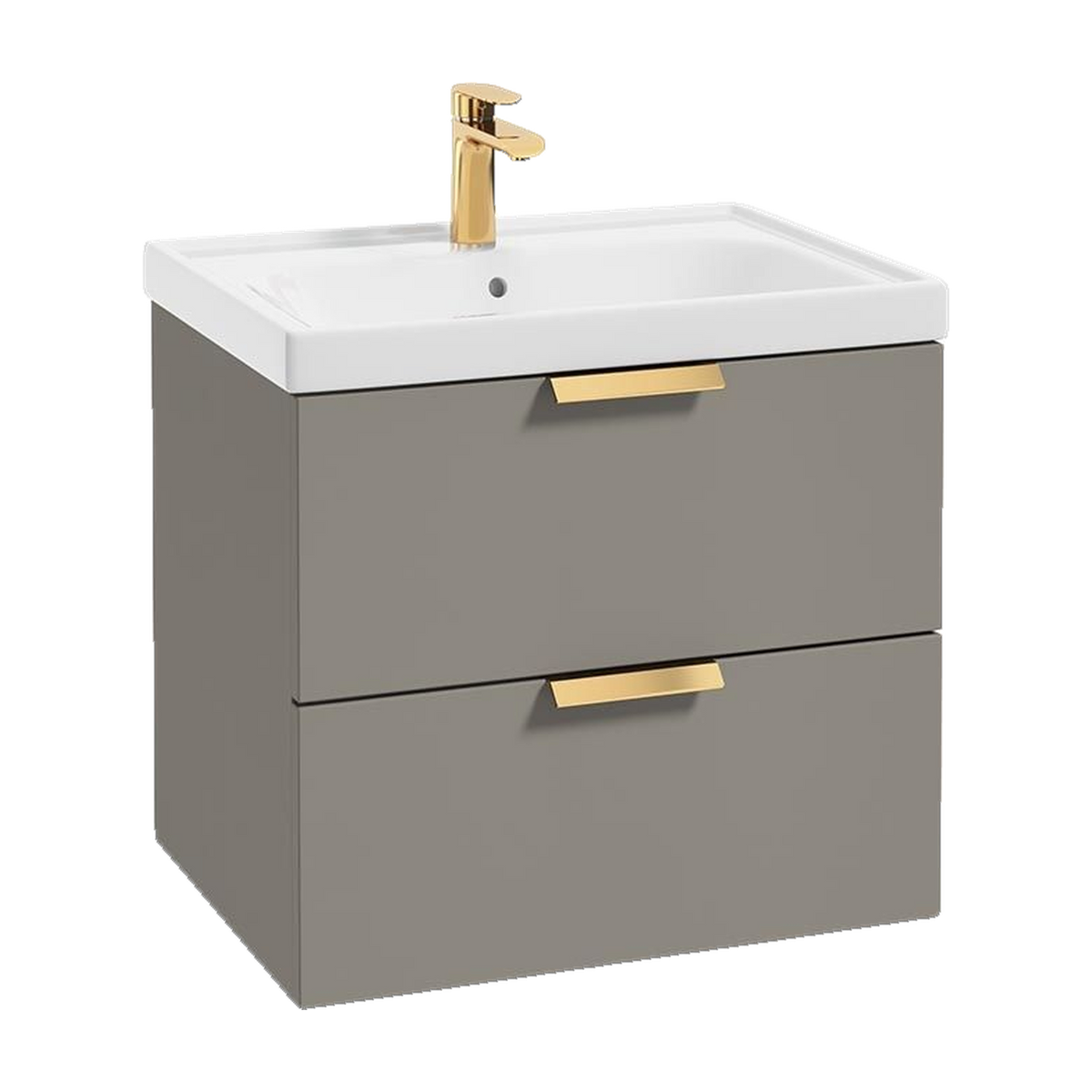 SONAS Stockholm 60cm wall hung two drawer vanity unit in Matt Khaki with brushed gold handles