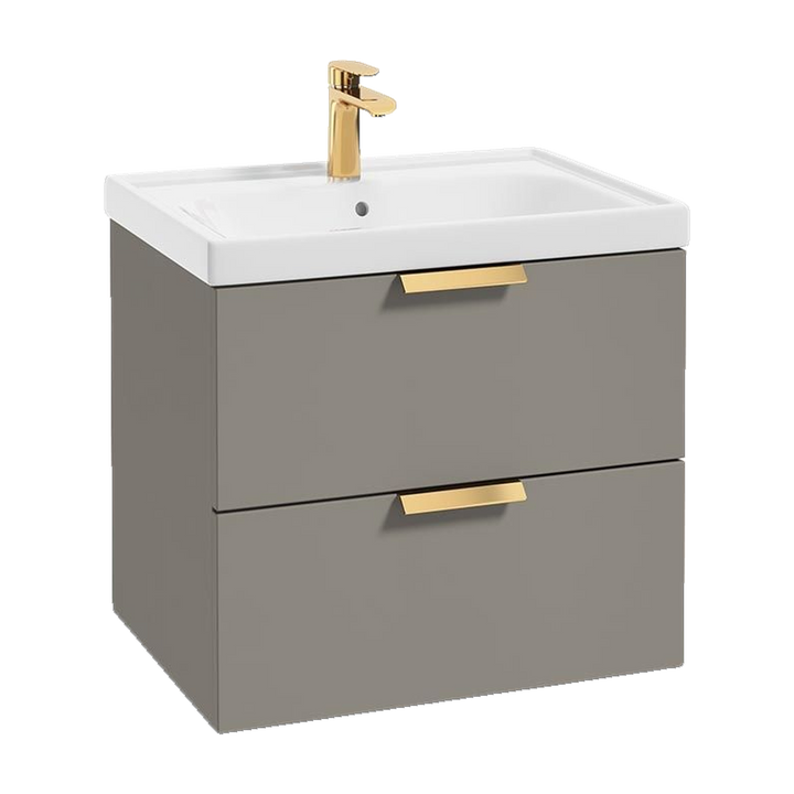 SONAS Stockholm 60cm wall hung two drawer vanity unit in Matt Khaki with brushed gold handles