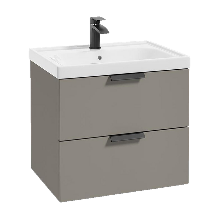 SONAS Stockholm 60cm wall hung two drawer vanity unit in Matt Khaki with matt black handles