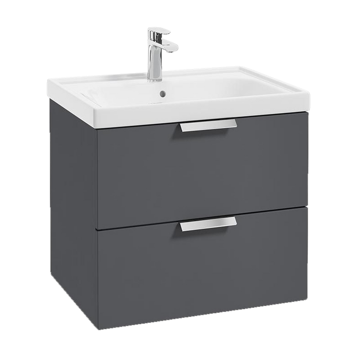 SONAS Stockholm 60cm wall hung two drawer vanity unit in Matt Midnight Grey with brushed chrome handles