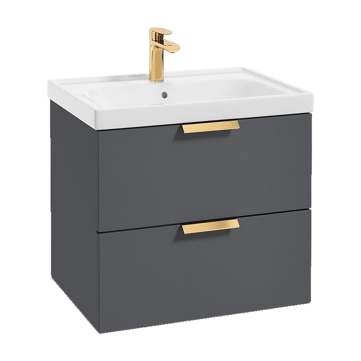 SONAS Stockholm 60cm wall hung two drawer vanity unit in Matt Midnight Grey with brushed gold handles