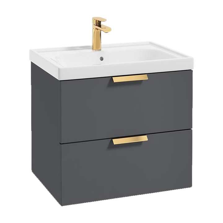 SONAS Stockholm 60cm wall hung two drawer vanity unit in Matt Midnight Grey with brushed gold handles