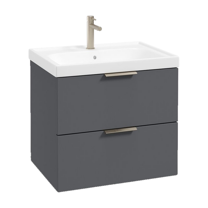 SONAS Stockholm 60cm wall hung two drawer vanity unit in Matt Midnight Grey with brushed nickel handles