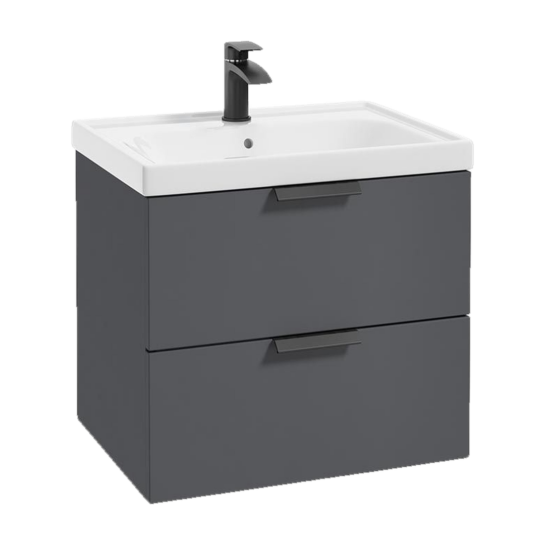 SONAS Stockholm 60cm wall hung two drawer vanity unit in Matt Midnight Grey with matt black handles