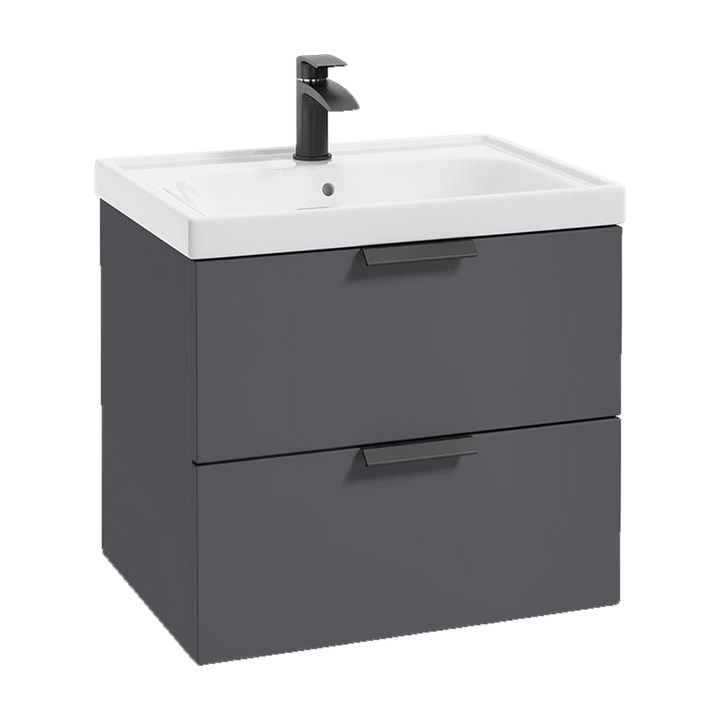 SONAS Stockholm 60cm wall hung two drawer vanity unit in Matt Midnight Grey with matt black handles