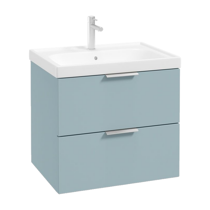 SONAS Stockholm 60cm wall hung two drawer vanity unit in Matt Morning Sky Blue with brushed chrome handles