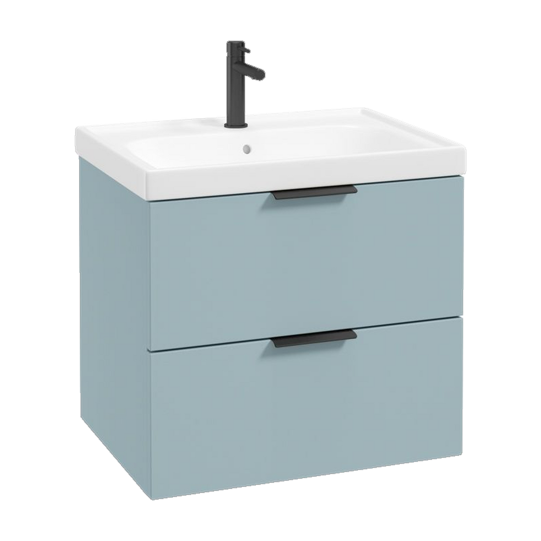SONAS Stockholm 60cm wall hung two drawer vanity unit in Matt Morning Sky Blue with matt black handles