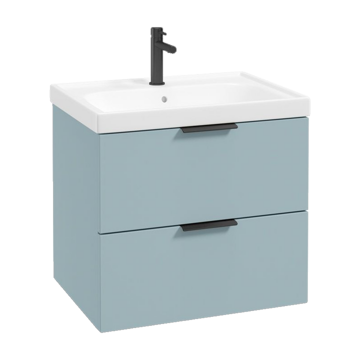 SONAS Stockholm 60cm wall hung two drawer vanity unit in Matt Morning Sky Blue with matt black handles