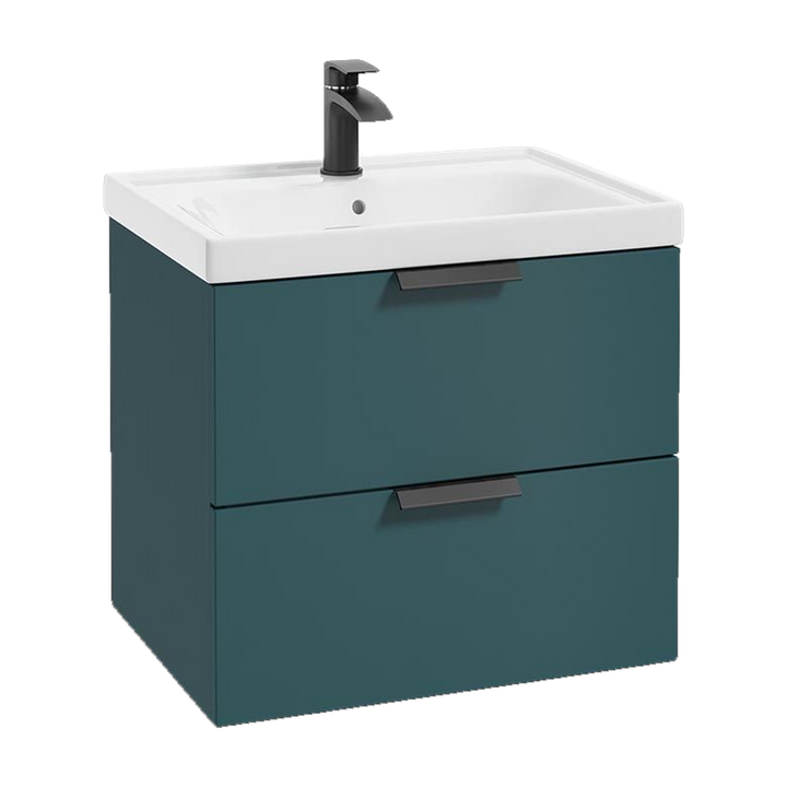 SONAS Stockholm 60cm wall hung two drawer vanity unit in Matt Ocean Blue with matt black handles