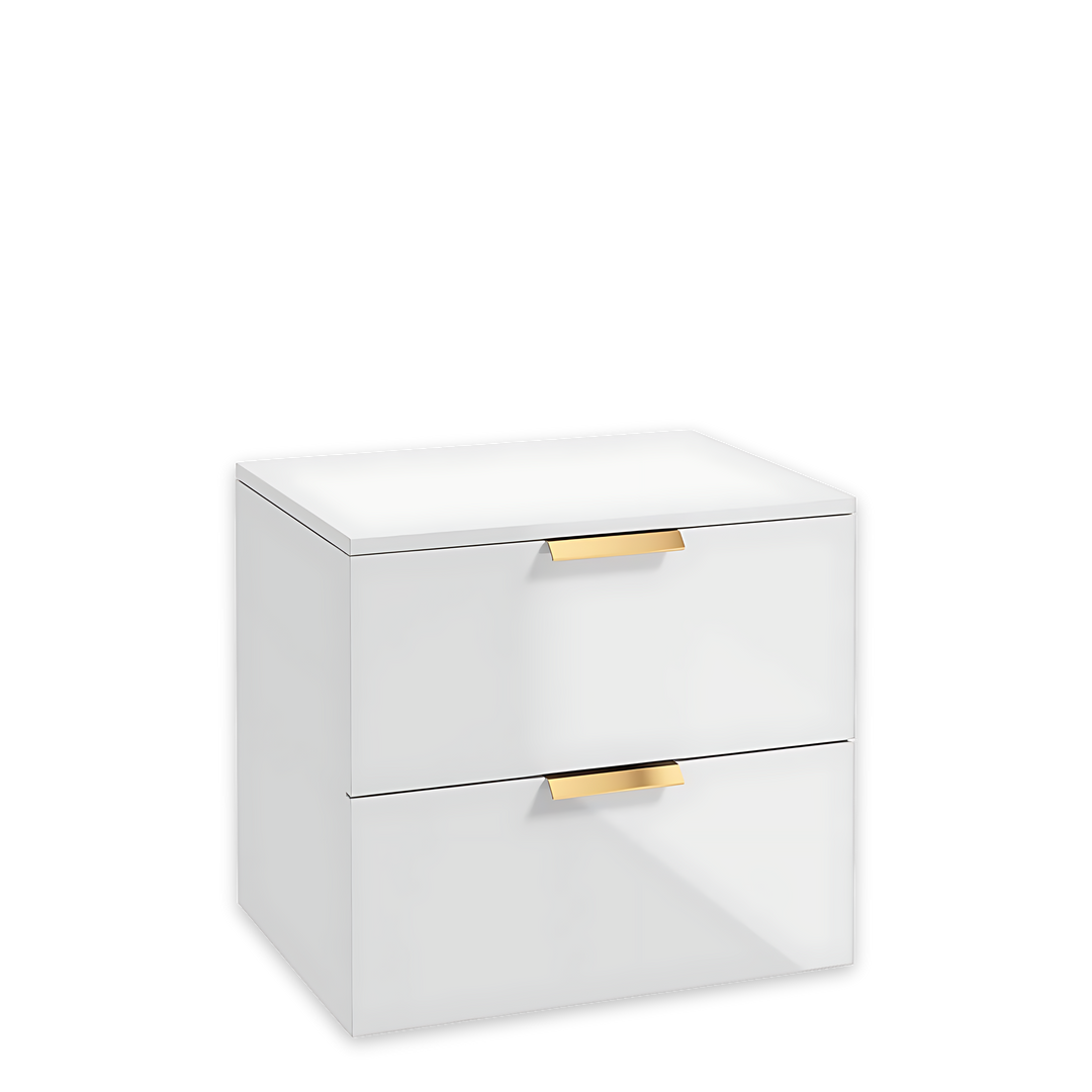 SONAS Stockholm 60cm wall hung two drawer vanity unit in Gloss White with brushed gold handles