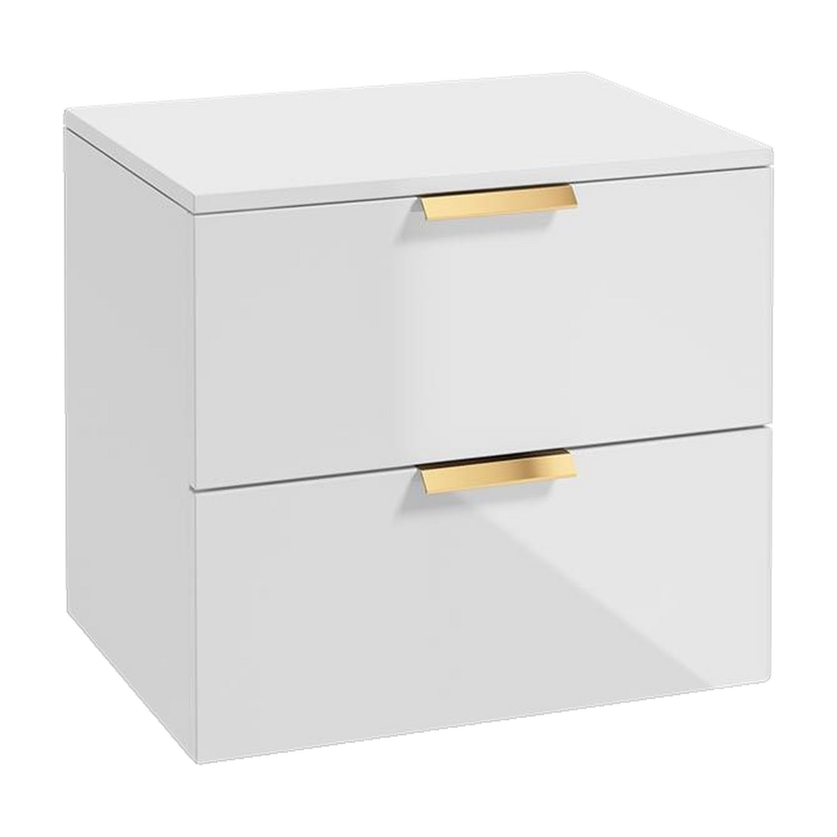 SONAS Stockholm 60cm wall hung two drawer vanity unit in Gloss White with brushed gold handles