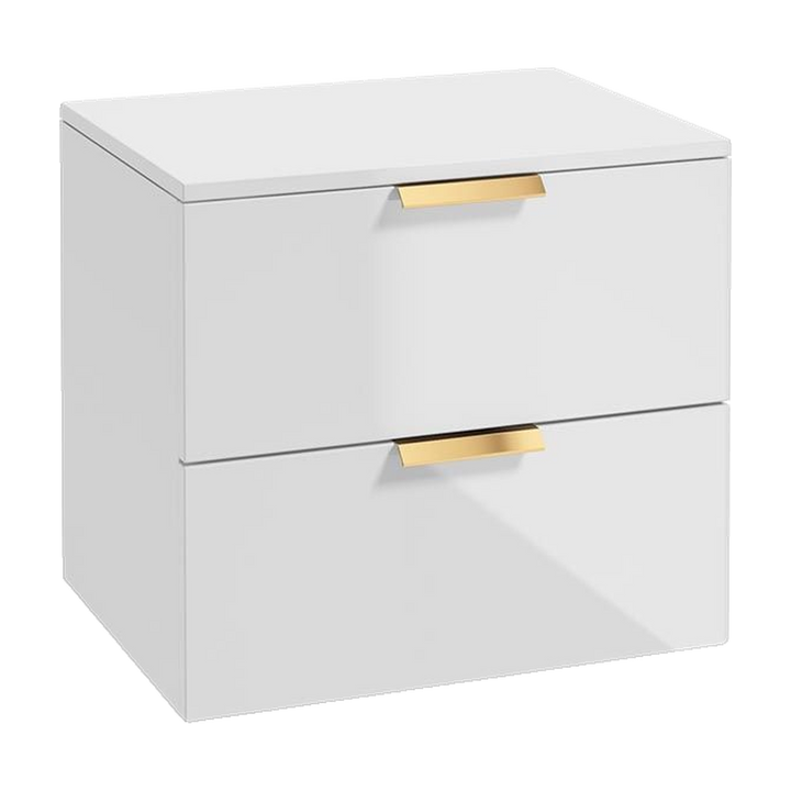 SONAS Stockholm 60cm wall hung two drawer vanity unit in Gloss White with brushed gold handles