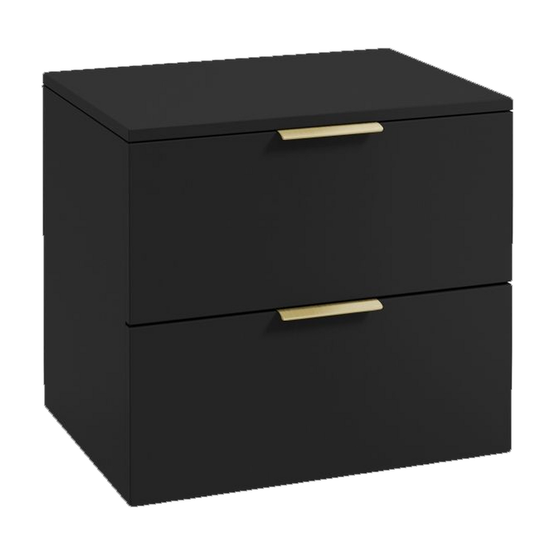 SONAS Stockholm 60cm wall hung two drawer vanity unit in Matt Black with brushed gold handles
