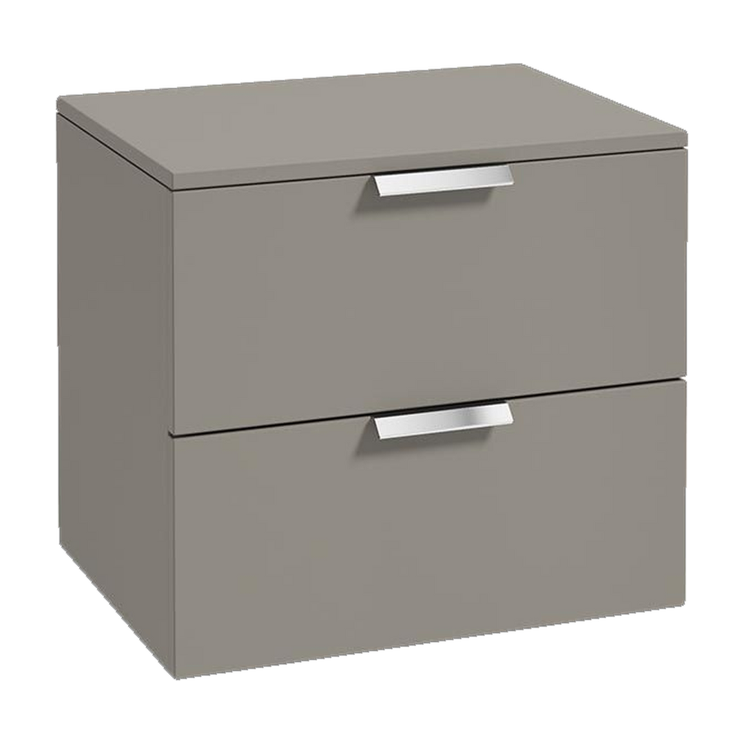 SONAS Stockholm 60cm wall hung two drawer vanity unit in Matt Khaki with brushed chrome handles
