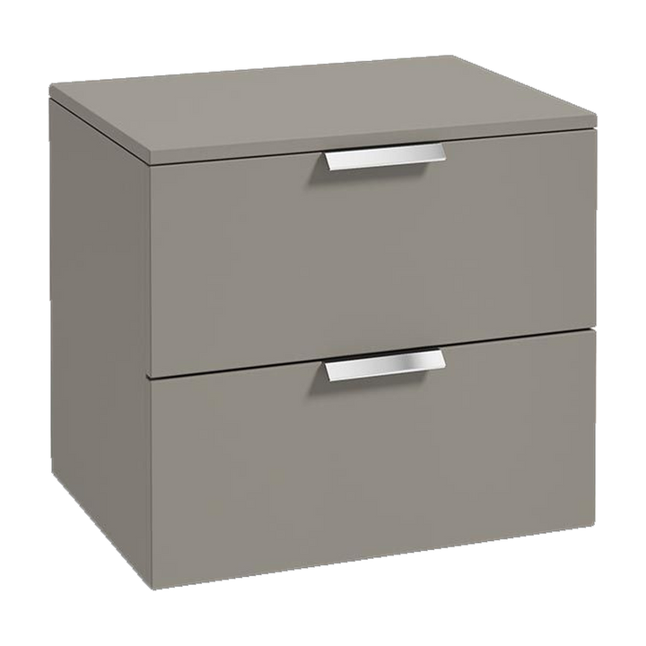 SONAS Stockholm 60cm wall hung two drawer vanity unit in Matt Khaki with brushed chrome handles