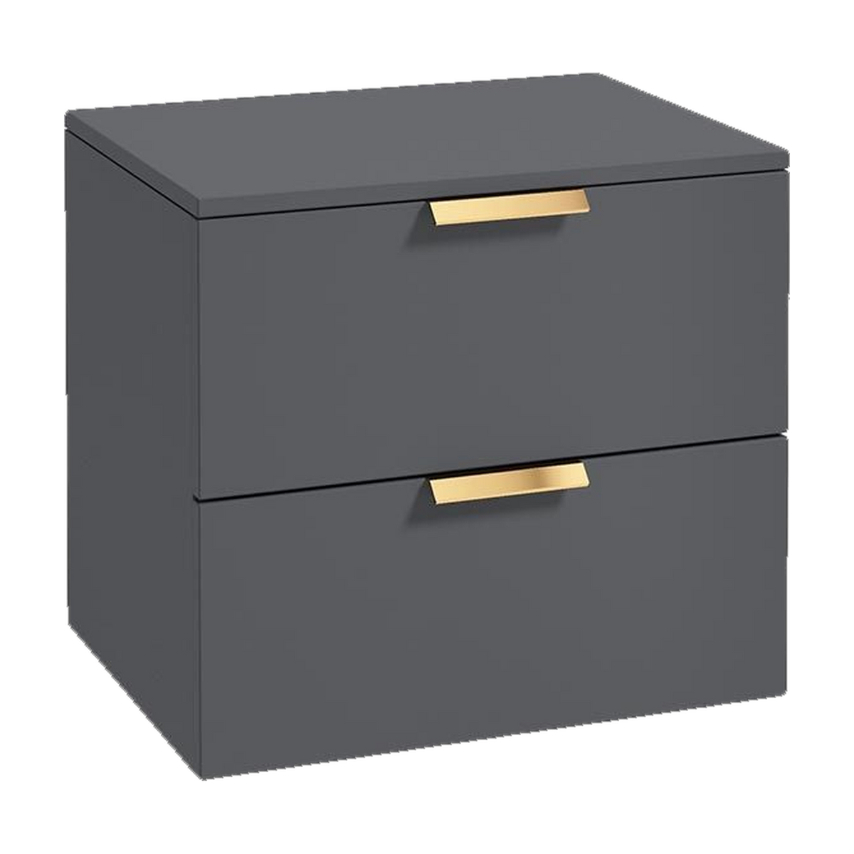 SONAS Stockholm 60cm wall hung two drawer vanity unit in Matt Midnight Grey with brushed gold handles