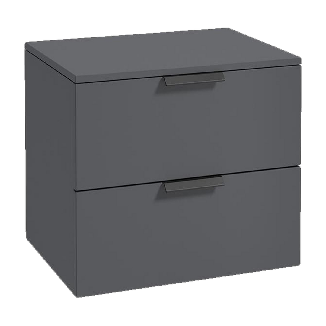 SONAS Stockholm 60cm wall hung two drawer vanity unit in Matt Midnight Grey with matt black handles