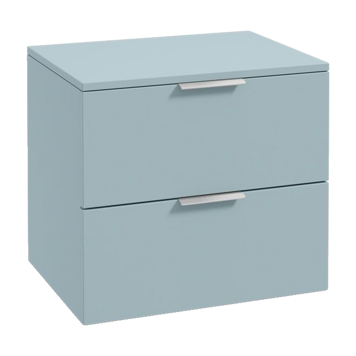 SONAS Stockholm 60cm wall hung two drawer vanity unit in Matt Morning Sky Blue with brushed chrome handles