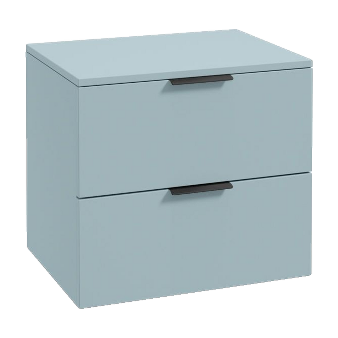 SONAS Stockholm 60cm wall hung two drawer vanity unit in Matt Morning Sky Blue with matt black handles